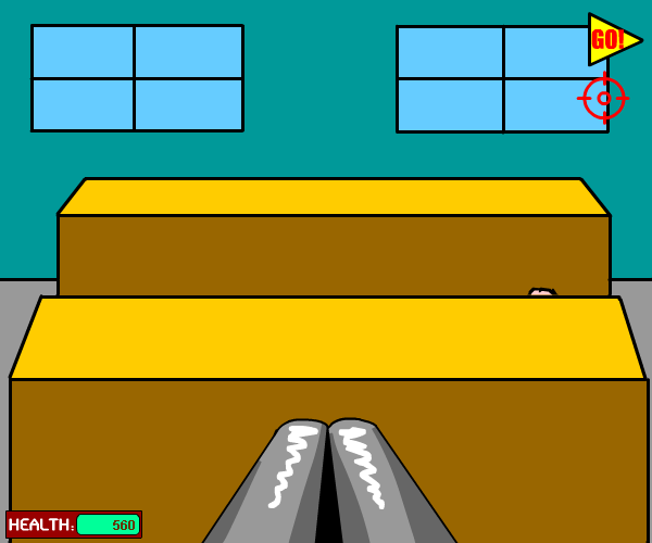 Kindergarten Killer (Browser) screenshot: Cleaned off the bleachers -- shoot the arrow in the corner to continue.