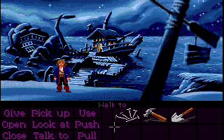 Monkey Island 2: LeChuck's Revenge (Amiga) screenshot: Near Captain Dread's charter boat. (Monkey Island 2 Lite Mode)
