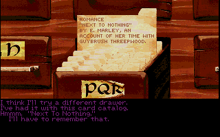 Monkey Island 2: LeChuck's Revenge (Amiga) screenshot: Checking out the card catalog at the library. (Monkey Island 2 Lite Mode)