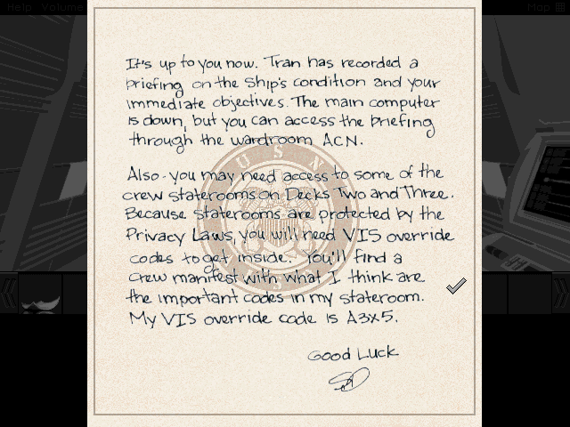 Mission Critical (Windows) screenshot: Reading the letter