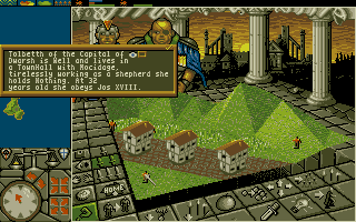 PowerMonger (Amiga) screenshot: You can click on any of the little guys in the game and get their info.