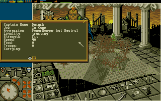 PowerMonger (Amiga) screenshot: Getting info on my new commander.