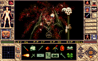 Elvira II: The Jaws of Cerberus (Amiga) screenshot: Take that, you ugly old crone!
