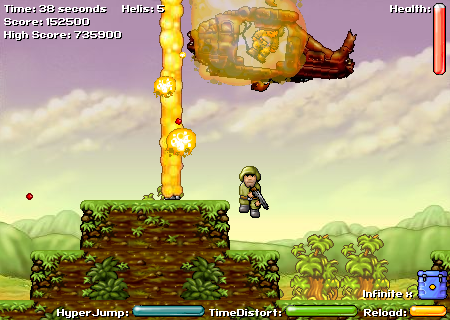 Heli Attack 2 (Browser) screenshot: The helicopter gets destroyed by a fire mine.