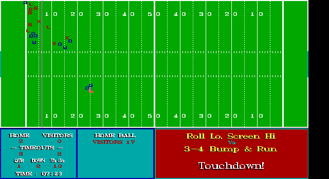 Cunning Football (DOS) screenshot: Oh man...they scored a touchdown.