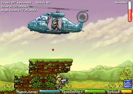 Heli Attack 2 (Browser) screenshot: He can't hit me while I'm hiding here.