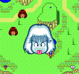 Faerie Dust Story: Meikyū no Elfeane (TurboGrafx CD) screenshot: Tomomi uses her super-power - sticking out her tongue! Really!
