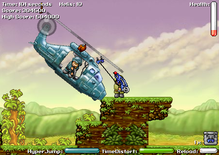 Heli Attack 2 (Browser) screenshot: I'm pulling him down with the grapple cannon.