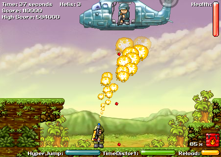 Heli Attack 2 (Browser) screenshot: He's flying too high, I can't hit him with the flamethrower.