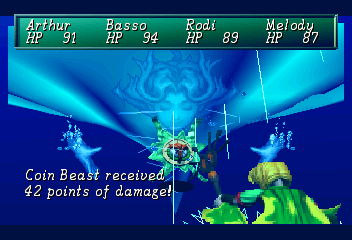 Shining the Holy Ark (SEGA Saturn) screenshot: South Shrine ~ Melody's Elemental spell level 2. The Coin Beast has the highest defense of all foes - only magical attacks can do decent damage.