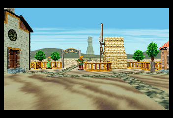 Shining the Holy Ark (SEGA Saturn) screenshot: Mirage Village ~ In the painting the team finds a village and the Tower of Illusion (seen in the background).