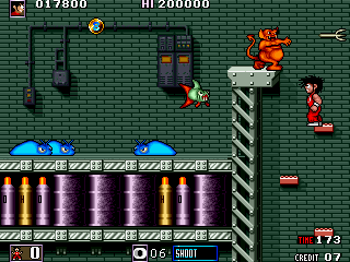 Thunder Hoop (Arcade) screenshot: Some kind of devil, a fish and blue maggots