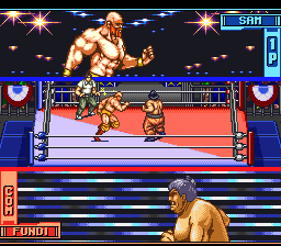 Hammerlock Wrestling (SNES) screenshot: Closeups at the top and bottom of the screen