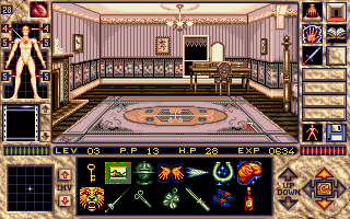 Elvira II: The Jaws of Cerberus (Amiga) screenshot: Exploring a room in the haunted house...
