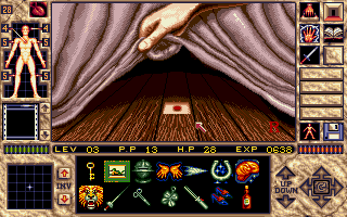 Elvira II: The Jaws of Cerberus (Amiga) screenshot: Aha! A button hidden under the bed. I wonder what it does...