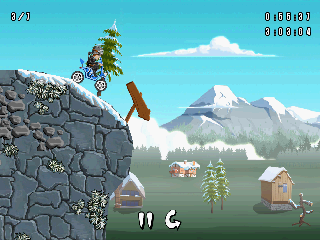 Turbo Grannies (Android) screenshot: Going down a cliff with a permobile can't be that bad, can it?
