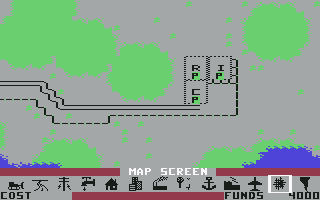 SimCity (Commodore 64) screenshot: I've put in industrial, commercial and residential areas with electricity and road.