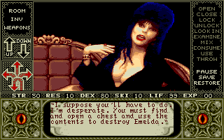 Elvira (Amiga) screenshot: Elvira tells you the main quest.