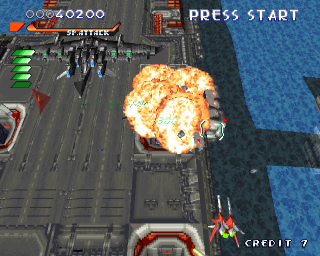 RayStorm (PlayStation) screenshot: Stage 2, end boss taking off