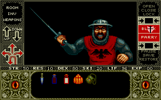 Elvira (Amiga) screenshot: Fighting a guard