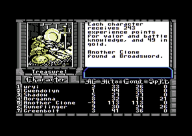 The Bard's Tale III: Thief of Fate (Commodore 64) screenshot: Receiving treasure after a fight