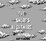 The Smurfs' Nightmare (Game Boy) screenshot: Title and main menu (English)