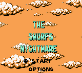 The Smurfs' Nightmare (Game Boy Color) screenshot: Title and main menu (English)