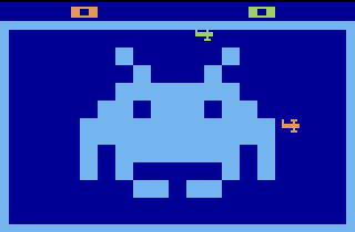 Combat Redux (Atari 2600) screenshot: Flying among the Space Invader.