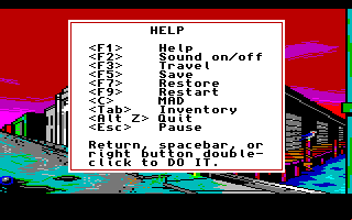 Manhunter 2: San Francisco (Amiga) screenshot: A help screen.