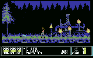 Metal Warrior 3 (Commodore 64) screenshot: Goat sets out from the smouldering remains of his cabin...