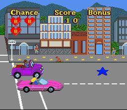 Barbie Super Model (SNES) screenshot: Level one, Barbie must pick up the icons that get her to photo shoots as well as various bonuses while avoiding other cars.