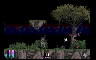 Shadow of the Beast III (Amiga) screenshot: Killing a baddie with my shurikans.