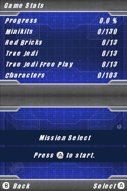 LEGO Star Wars III: The Clone Wars (Nintendo DS) screenshot: Mission Select screen (you'll also see your overall game progress here)
