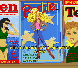 Barbie Super Model (SNES) screenshot: Match Barbie's outfit to the magazine cover.