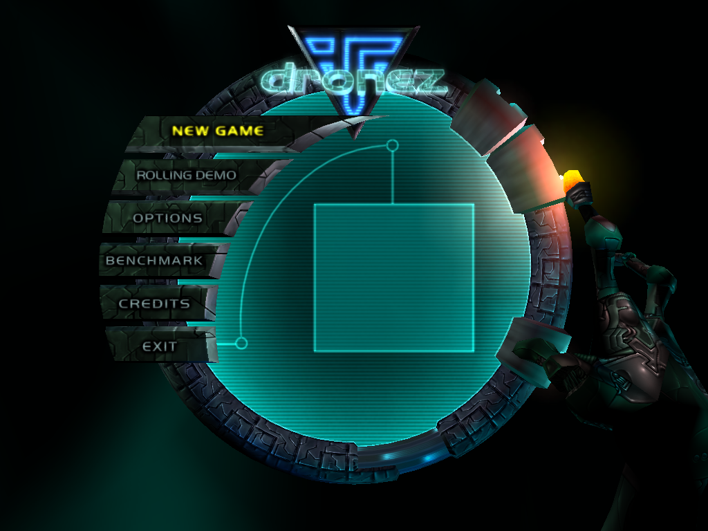 Dennou Taisen DroneZ (Windows) screenshot: DroneZ: Main menu; Demo, Benchmark and Normal play.