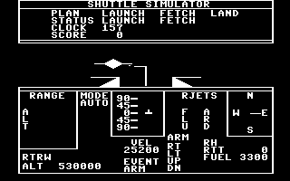 Shuttle Simulator (Commodore 64) screenshot: Fetching the satellite using the arm
