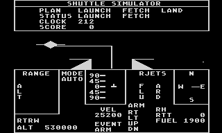 Shuttle Simulator (Atari 8-bit) screenshot: Fetching the satellite using the arm