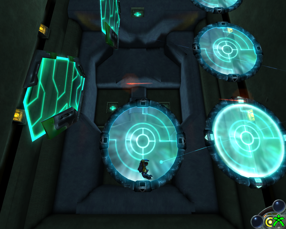 Dennou Taisen DroneZ (Windows) screenshot: DroneZ: Activating a shield drains the energy quickly, as does firing the gun. There is a recharge station in every room, luckily.
