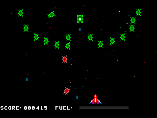 Zenix (TRS-80 CoCo) screenshot: Red enemies needs multiple shots to kill