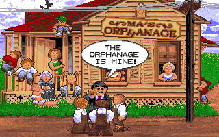 The Three Stooges (Amiga) screenshot: Game Over - I lost, and the evil banker gloats about it.