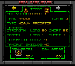 War 3010: The Revolution (SNES) screenshot: Once you've taken control of a starbase, you can build ships.