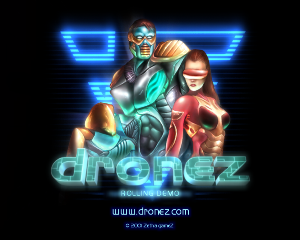 Dennou Taisen DroneZ (Windows) screenshot: DroneZ: Rolling Demo splash screen; the demo is also used for the benchmark, only without music soundtrack.