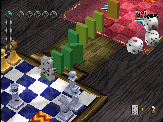 No One Can Stop Mr. Domino (PlayStation) screenshot: Starting the next chain. Note the dice icon on the ground.