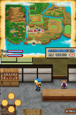 Harvest Moon DS: Island of Happiness (Nintendo DS) screenshot: Inside the new arrivals' shop.