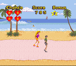 Barbie Super Model (SNES) screenshot: Level two: Barbie skates down a beach path, avoiding joggers and frisbees.