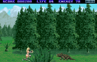Entity (Amiga) screenshot: In the jurassic woods she has to deal with small dinos...