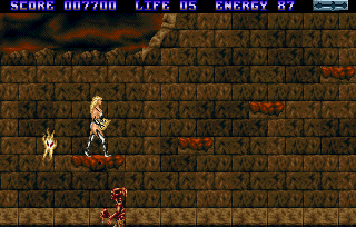 Entity (Amiga) screenshot: Apocalyptic times make her to deal with skinned creatures.