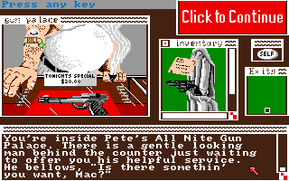 Deja Vu: A Nightmare Comes True!! (Amiga) screenshot: Inside Pete's All Nite Gun Palace.