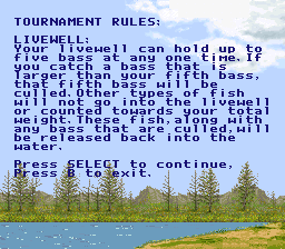 Bass Masters Classic: Pro Edition (SNES) screenshot: Tournament rules