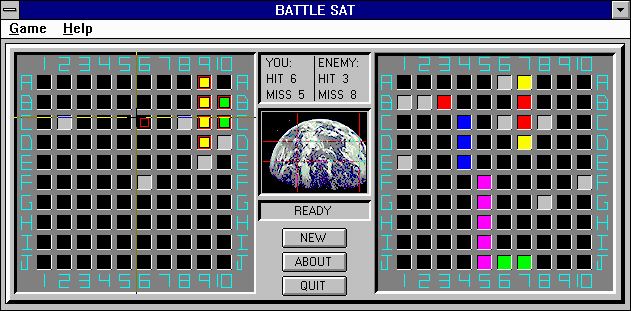 Brain Games For Windows (Windows 3.x) screenshot: I've managed to blow up two of the enemy's Satellites, but he's catching on to me.